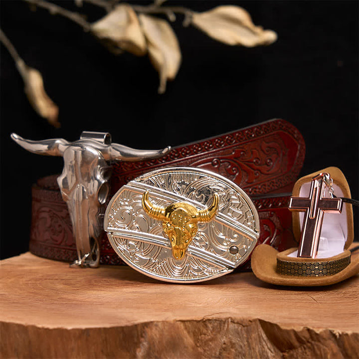 Gold & Silber Bull DIY verstecktes Messer Gürtelschnalle Kreuz Halskette Bundle Set - Gold- und Silberbulle - Brauner geschnitzter Gürtel - 42 - image 6