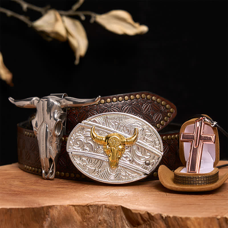 Gold & Silber Bull DIY verstecktes Messer Gürtelschnalle Kreuz Halskette Bundle Set - Gold- und Silberbulle - Brauner Nietengürtel - 42 - image 4