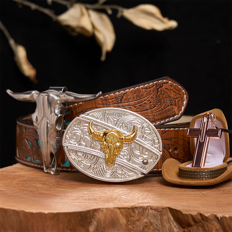 Gold & Silber Bull DIY verstecktes Messer Gürtelschnalle Kreuz Halskette Bundle Set - Gold- und Silberbulle - Türkisfarbener geschnitzter Gürtel - 42 - image 3