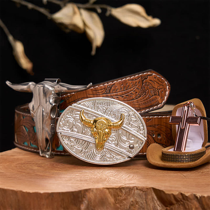 Gold & Silber Bull DIY verstecktes Messer Gürtelschnalle Kreuz Halskette Bundle Set - Gold- und Silberbulle - Türkisfarbener geschnitzter Gürtel - 42 - image 3