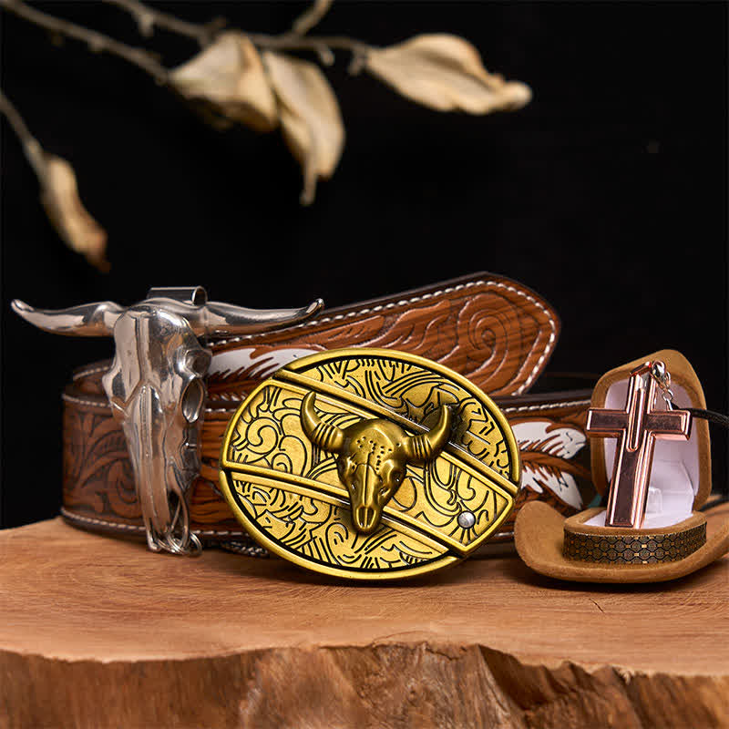 Bronze Bull DIY verstecktes Messer Gürtelschnalle Kreuz Halskette Bundle Set - Bronzebulle - Brauner Federgürtel - 40 - image 1