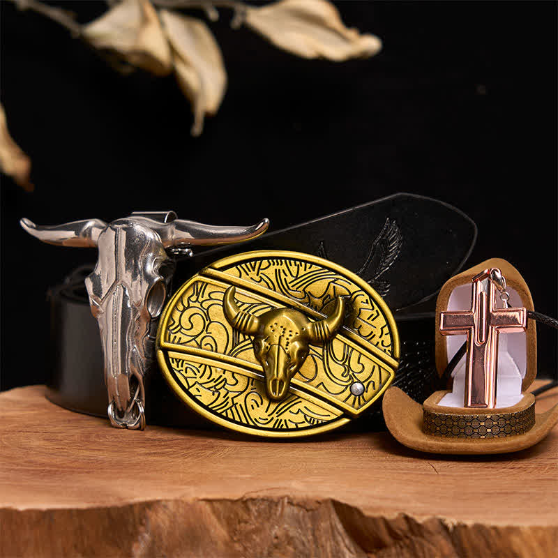 Bronze Bull DIY verstecktes Messer Gürtelschnalle Kreuz Halskette Bundle Set - Bronzebulle - Schwarzer Gürtel mit geprägtem Adler - 42 - image 4