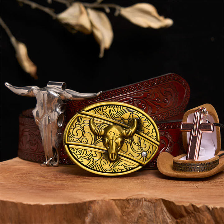 Bronze Bull DIY verstecktes Messer Gürtelschnalle Kreuz Halskette Bundle Set - Bronzebulle - Brauner geschnitzter Gürtel - 42 - image 8