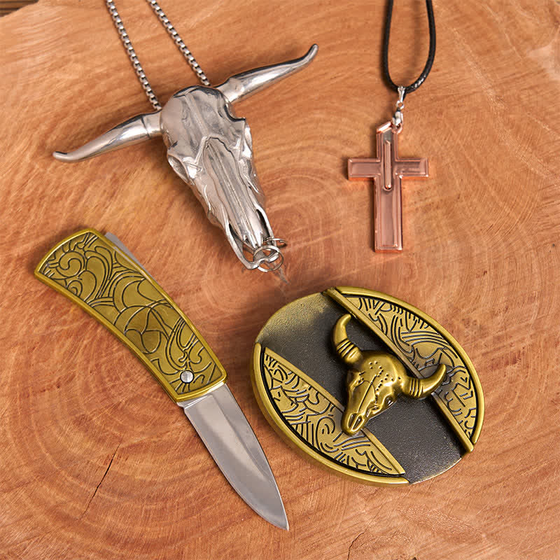 Bronze Bull DIY verstecktes Messer Gürtelschnalle Kreuz Halskette Bundle Set - image 3