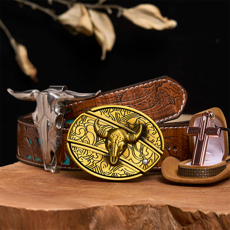 Bronze Bull DIY verstecktes Messer Gürtelschnalle Kreuz Halskette Bundle Set - Bronzebulle - Türkisfarbener geschnitzter Gürtel - 42 - image 4