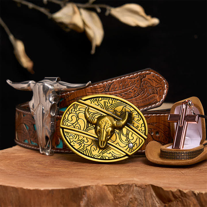 Bronze Bull DIY verstecktes Messer Gürtelschnalle Kreuz Halskette Bundle Set - Bronzebulle - Türkisfarbener geschnitzter Gürtel - 42 - image 4