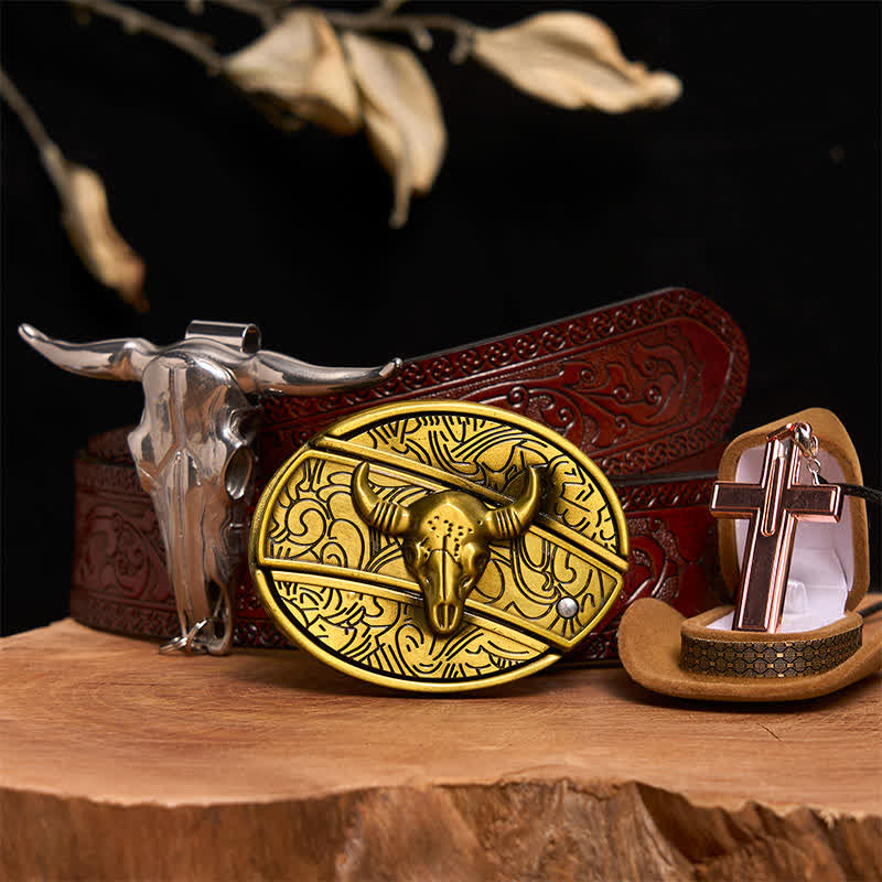 Bronze Bull DIY verstecktes Messer Gürtelschnalle Kreuz Halskette Bundle Set - Bronzebulle - Brauner geschnitzter Gürtel - 42 - image 7