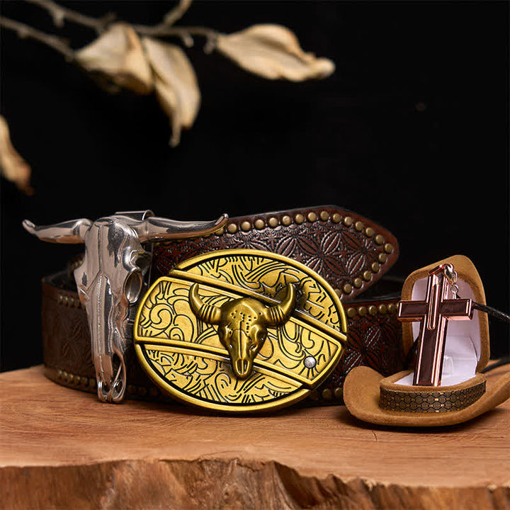 Bronze Bull DIY verstecktes Messer Gürtelschnalle Kreuz Halskette Bundle Set - Bronzebulle - Brauner Nietengürtel - 42 - image 5