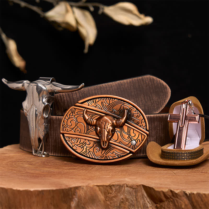 Rot Bronze Bull DIY Verstecktes Messer Gürtelschnalle Kreuz Halskette Bundle Set - Roter Bronzebulle - Brauner Distressed-Gürtel - 42 - image 7