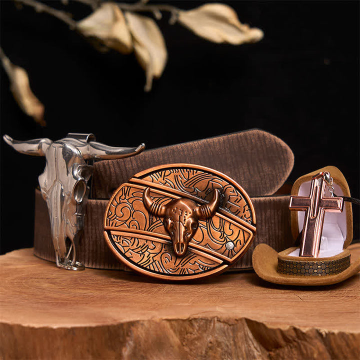 Rot Bronze Bull DIY Verstecktes Messer Gürtelschnalle Kreuz Halskette Bundle Set - Roter Bronzebulle - Brauner Distressed-Gürtel - 42 - image 7