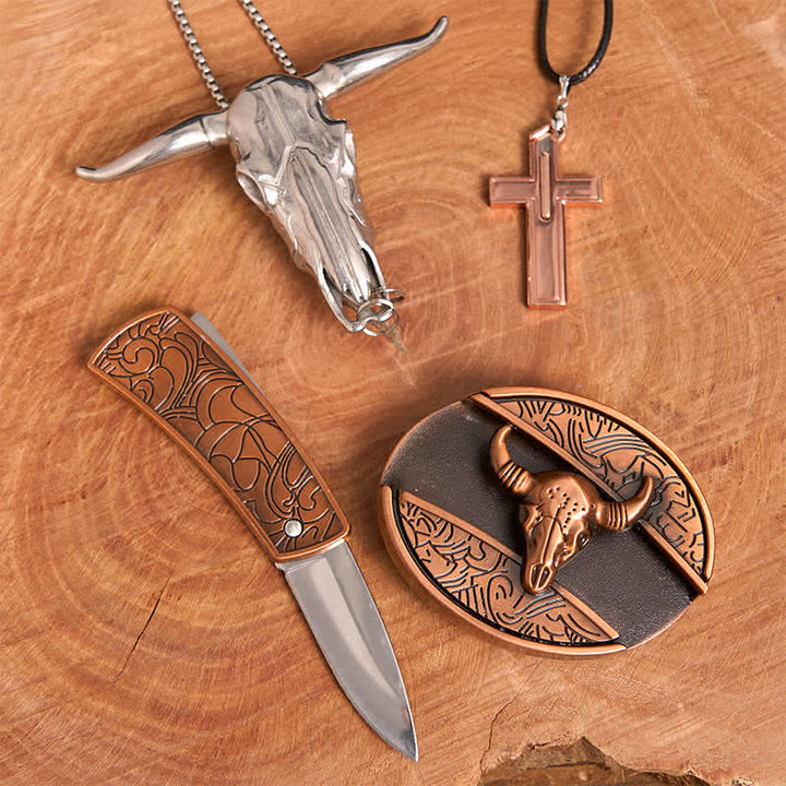 Rot Bronze Bull DIY Verstecktes Messer Gürtelschnalle Kreuz Halskette Bundle Set - image 2
