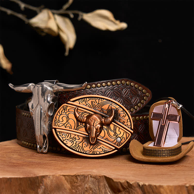 Rot Bronze Bull DIY Verstecktes Messer Gürtelschnalle Kreuz Halskette Bundle Set - Roter Bronzebulle - Brauner Nietengürtel - 42 - image 6