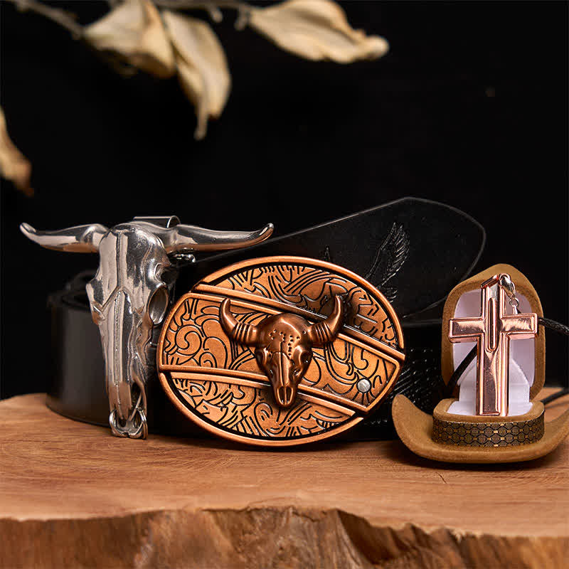 Rot Bronze Bull DIY Verstecktes Messer Gürtelschnalle Kreuz Halskette Bundle Set - Roter Bronzebulle - Schwarzer Gürtel mit geprägtem Adler - 42 - image 4