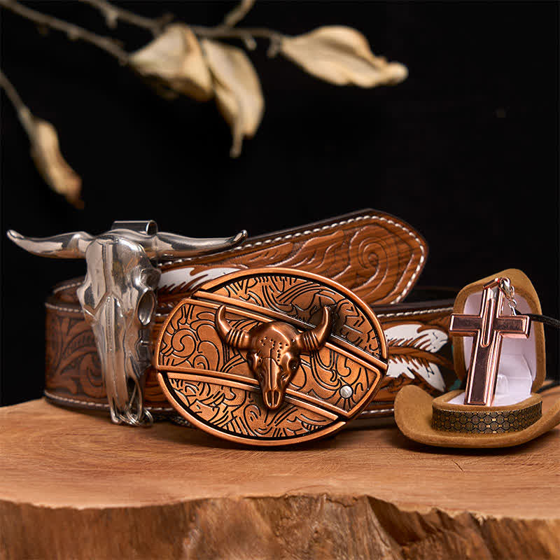Rot Bronze Bull DIY Verstecktes Messer Gürtelschnalle Kreuz Halskette Bundle Set - Roter Bronzebulle - Brauner Federgürtel - 40 - image 1
