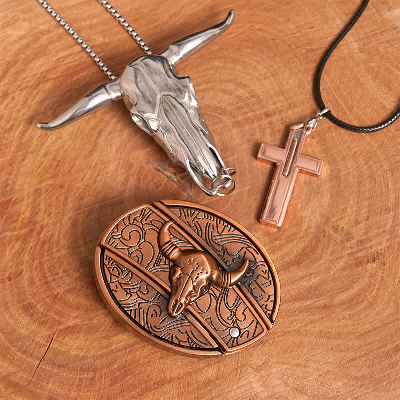 Rot Bronze Bull DIY Verstecktes Messer Gürtelschnalle Kreuz Halskette Bundle Set - Roter Bronzebulle - Ohne Gürtel - Gürtel nicht enthalten - image 1