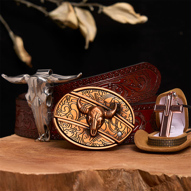 Rot Bronze Bull DIY Verstecktes Messer Gürtelschnalle Kreuz Halskette Bundle Set - Roter Bronzebulle - Brauner geschnitzter Gürtel - 42 - image 8