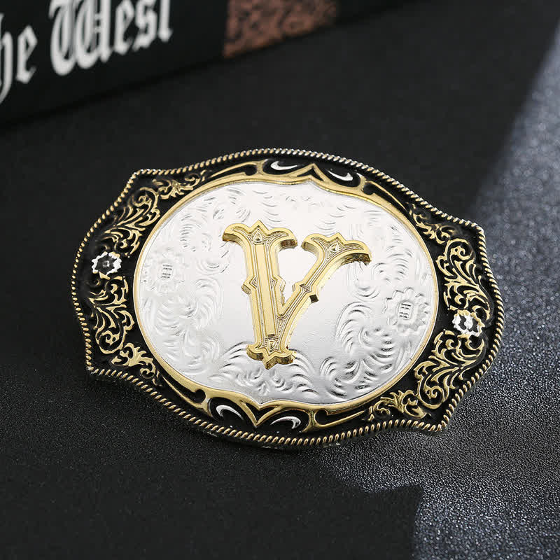 Goldener schwarzer DIY Retro-Ledergürtel mit Anfangsbuchstabenschnalle - V - Ohne Gürtel - image 24