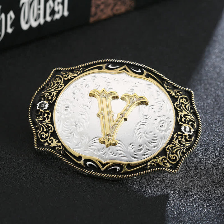 Goldener schwarzer DIY Retro-Ledergürtel mit Anfangsbuchstabenschnalle - V - Ohne Gürtel - image 24