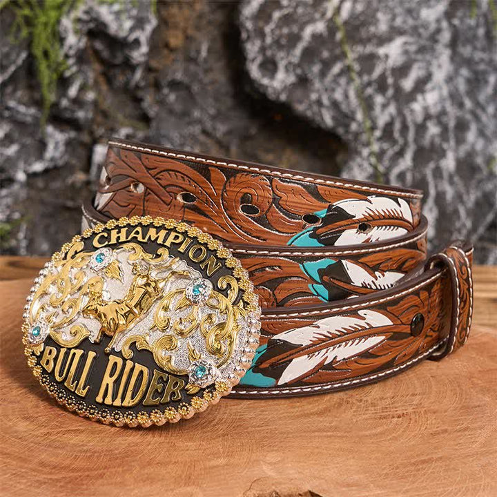 DIY Golden Bull Champion Bull Rider Ledergürtel für Herren mit großer Schnalle - Goldener Bulle - Brauner Federgürtel - 40 - image 6