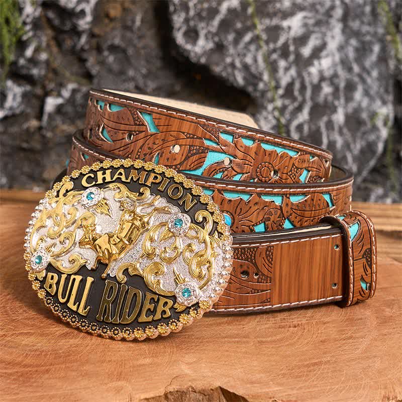 DIY Golden Bull Champion Bull Rider Ledergürtel für Herren mit großer Schnalle - Goldener Bulle - Türkisfarbener geschnitzter Gürtel - 42 - image 2