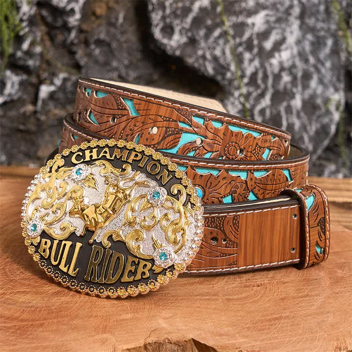 DIY Golden Bull Champion Bull Rider Ledergürtel für Herren mit großer Schnalle - Goldener Bulle - Türkisfarbener geschnitzter Gürtel - 42 - image 2