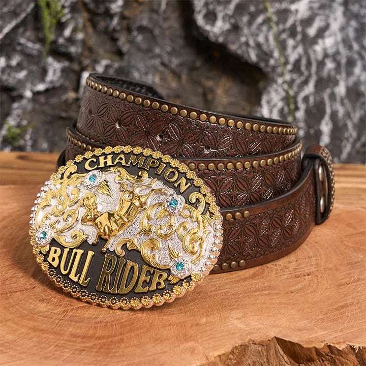 DIY Golden Bull Champion Bull Rider Ledergürtel für Herren mit großer Schnalle - Goldener Bulle - Brauner Nietengürtel - 42 - image 3