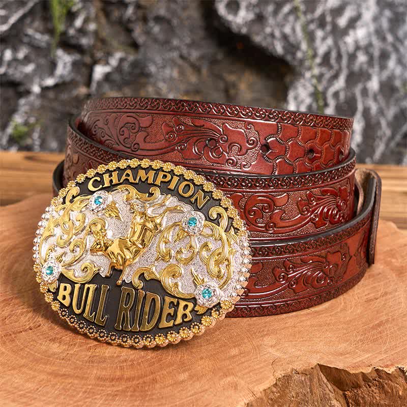 DIY Golden Bull Champion Bull Rider Ledergürtel für Herren mit großer Schnalle - Goldener Bulle - Brauner geschnitzter Gürtel - 42 - image 5