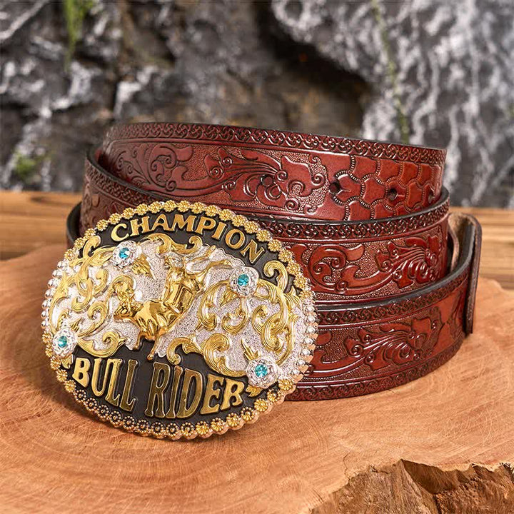 DIY Golden Bull Champion Bull Rider Ledergürtel für Herren mit großer Schnalle - Goldener Bulle - Brauner geschnitzter Gürtel - 42 - image 5