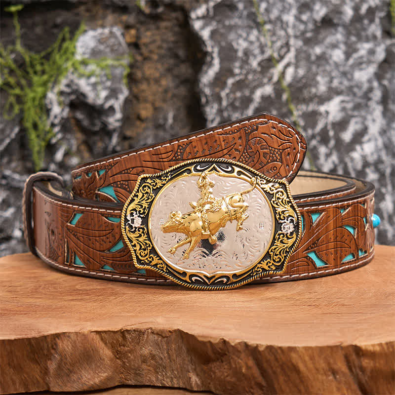Gold & Schwarz DIY Western Reiten Ritter Cowboy Schnalle Ledergürtel - Reiten - Türkisfarbener geschnitzter Gürtel - 42 - image 4