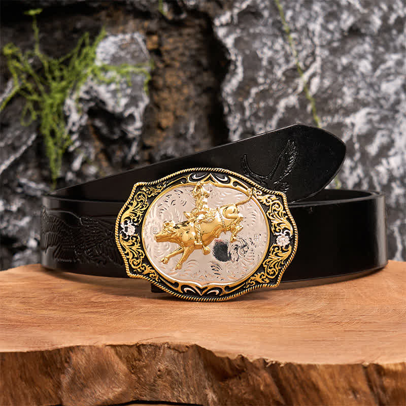 Gold & Schwarz DIY Western Reiten Ritter Cowboy Schnalle Ledergürtel - Reiten - Schwarzer Gürtel mit geprägtem Adler - 42 - image 2