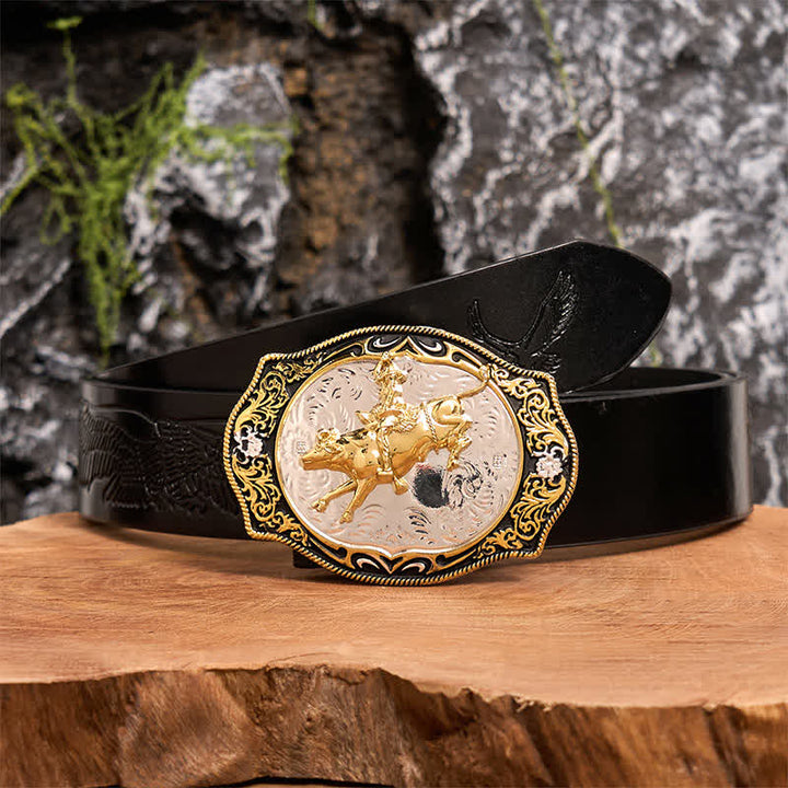 Gold & Schwarz DIY Western Reiten Ritter Cowboy Schnalle Ledergürtel - Reiten - Schwarzer Gürtel mit geprägtem Adler - 42 - image 2