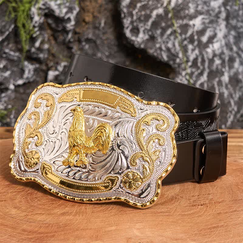 Gold Hahn DIY Western Cowboy Schnalle Ledergürtel - Hahn - Schwarzer Gürtel mit geprägtem Adler - 42 - image 2