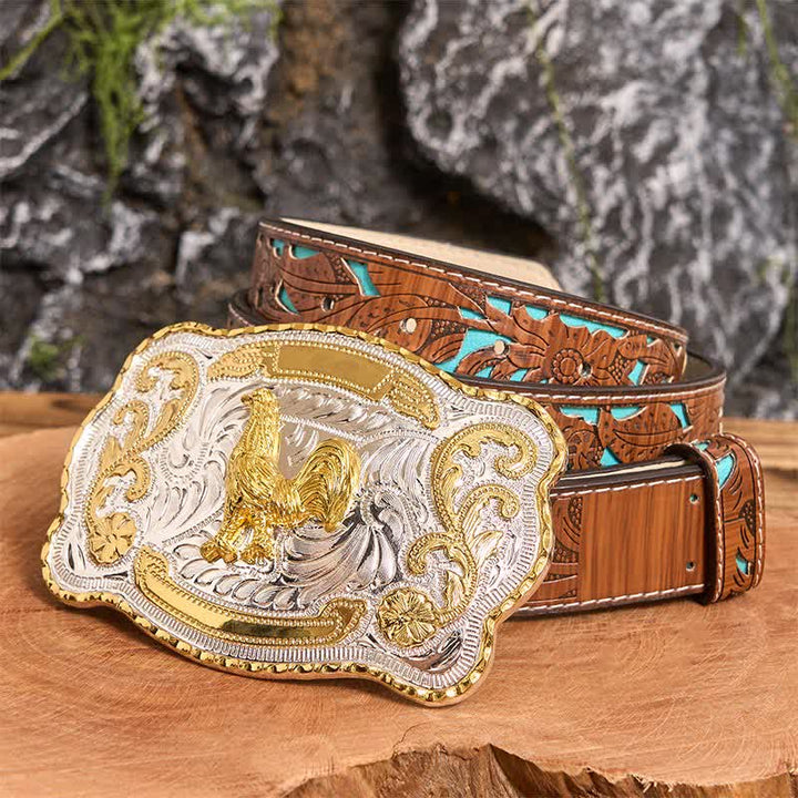 Gold Hahn DIY Western Cowboy Schnalle Ledergürtel - Hahn - Türkisfarbener geschnitzter Gürtel - 42 - image 5