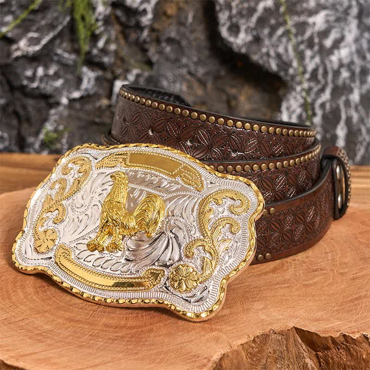 Gold Hahn DIY Western Cowboy Schnalle Ledergürtel - Hahn - Brauner Nietengürtel - 42 - image 6