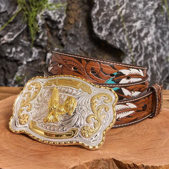 Gold Hahn DIY Western Cowboy Schnalle Ledergürtel - Hahn - Brauner Federgürtel - 40 - image 9