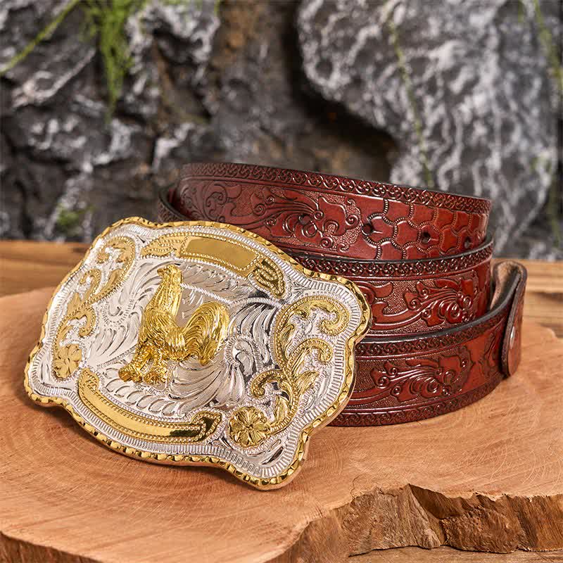 Gold Hahn DIY Western Cowboy Schnalle Ledergürtel - Hahn - Brauner geschnitzter Gürtel - 42 - image 8
