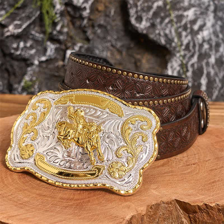 Goldfarbener Reitgürtel, DIY Western-Cowboy-Schnalle, Ledergürtel - Reiten - Brauner Nietengürtel - 42 - image 6