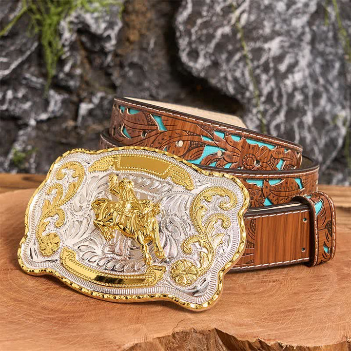 Goldfarbener Reitgürtel, DIY Western-Cowboy-Schnalle, Ledergürtel - Reiten - Türkisfarbener geschnitzter Gürtel - 42 - image 5