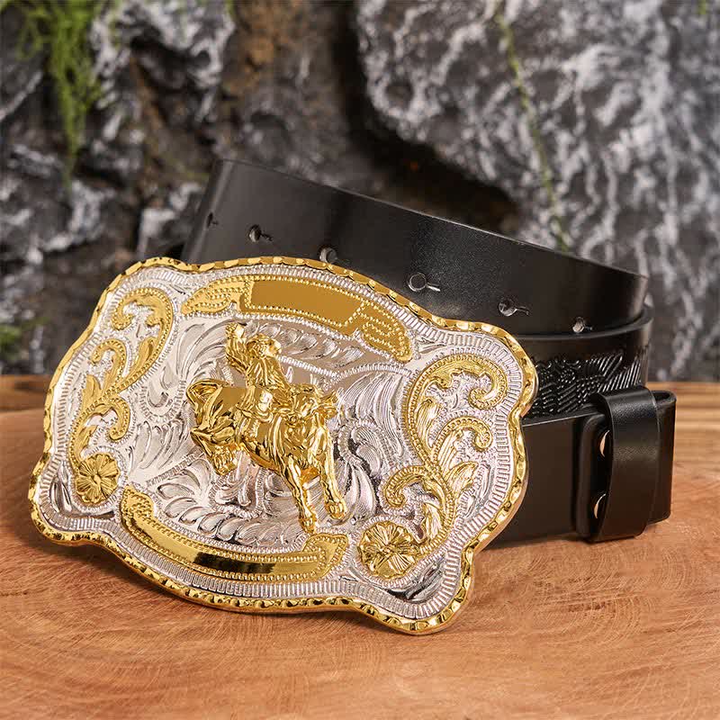 Goldfarbener Reitgürtel, DIY Western-Cowboy-Schnalle, Ledergürtel - Reiten - Schwarzer Gürtel mit geprägtem Adler - 42 - image 2