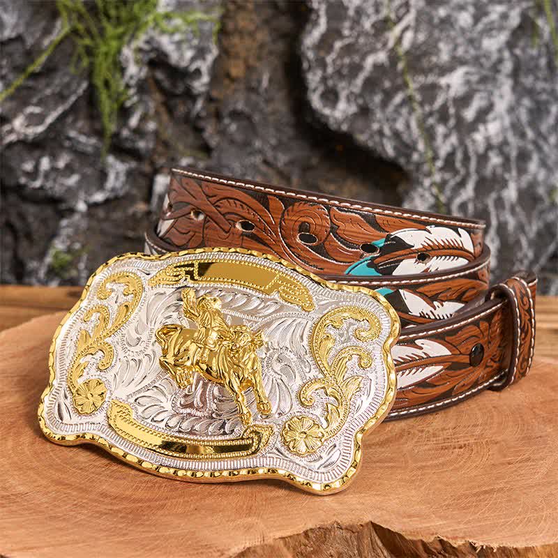 Goldfarbener Reitgürtel, DIY Western-Cowboy-Schnalle, Ledergürtel - Reiten - Brauner Federgürtel - 40 - image 9