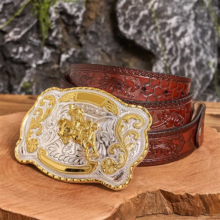 Goldfarbener Reitgürtel, DIY Western-Cowboy-Schnalle, Ledergürtel - Reiten - Brauner geschnitzter Gürtel - 42 - image 8