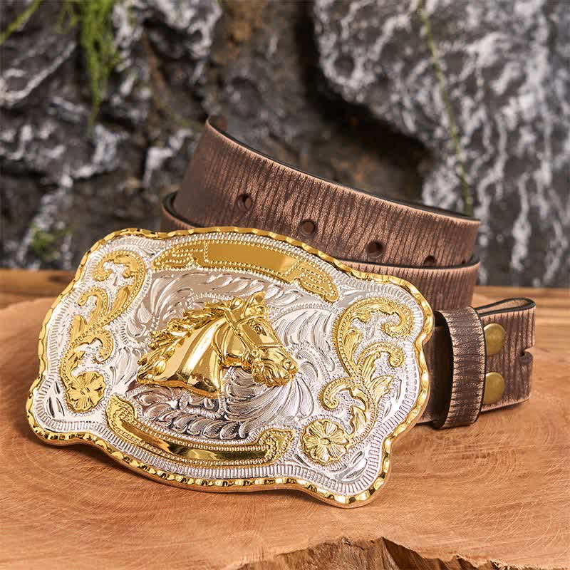 Goldfarbener Pferdekopf DIY Western Cowboy Schnalle Ledergürtel - Pferdekopf - Brauner Distressed-Gürtel - 42 - image 6