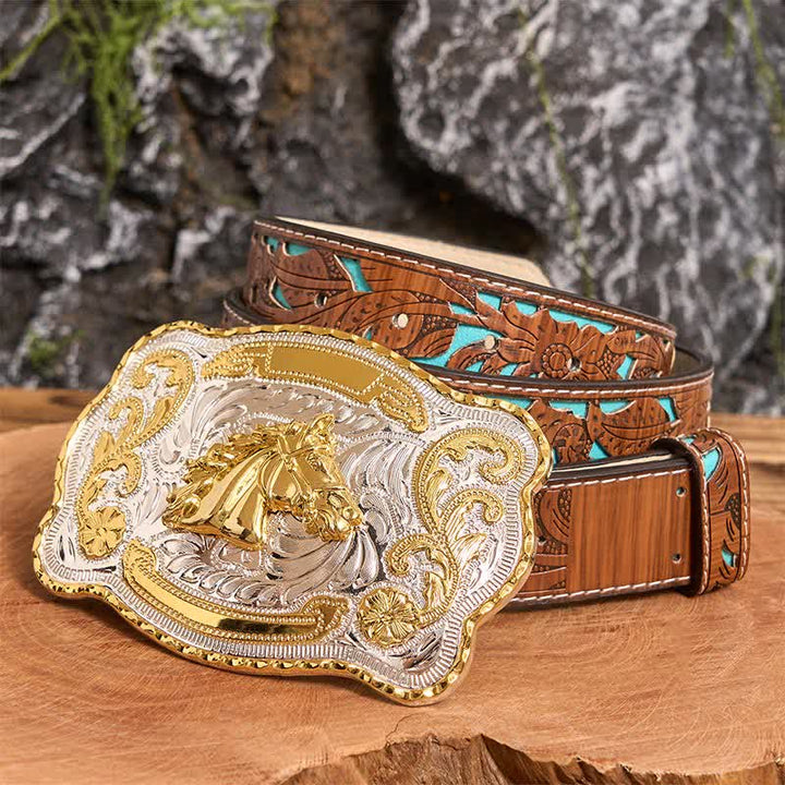 Goldfarbener Pferdekopf DIY Western Cowboy Schnalle Ledergürtel - Pferdekopf - Türkisfarbener geschnitzter Gürtel - 42 - image 4