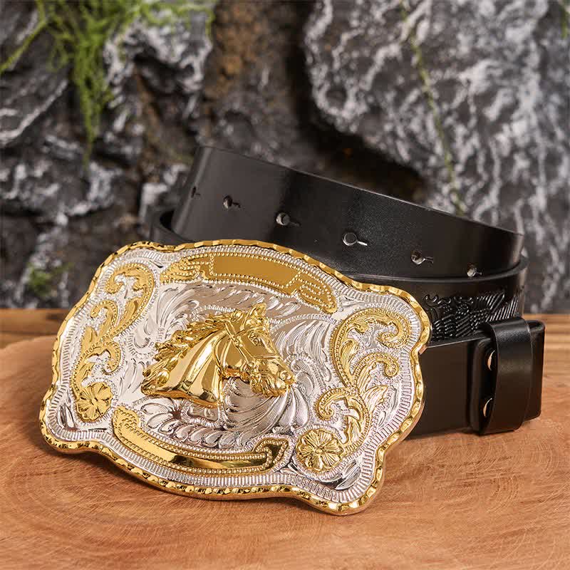 Goldfarbener Pferdekopf DIY Western Cowboy Schnalle Ledergürtel - Pferdekopf - Schwarzer Gürtel mit geprägtem Adler - 42 - image 2
