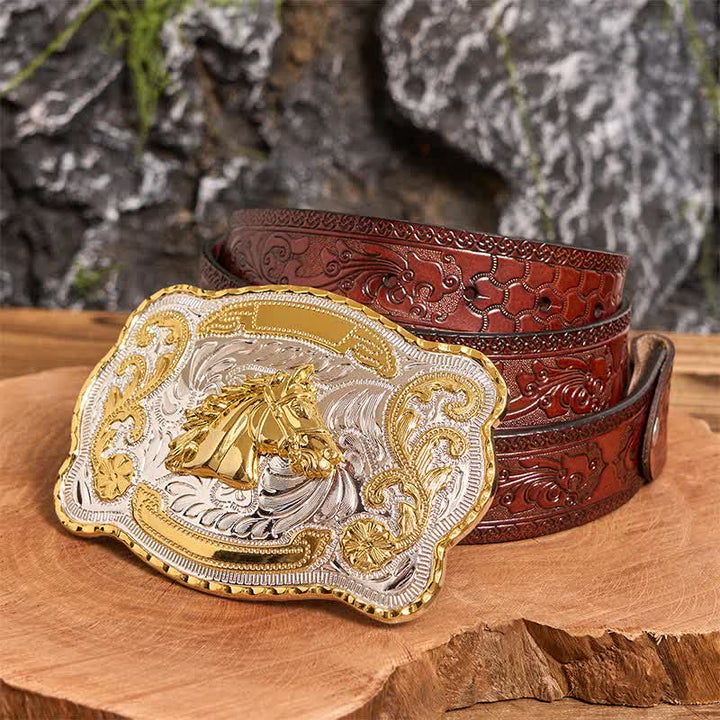 Goldfarbener Pferdekopf DIY Western Cowboy Schnalle Ledergürtel - Pferdekopf - Brauner geschnitzter Gürtel - 42 - image 7
