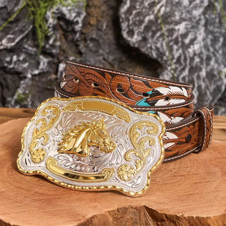 Goldfarbener Pferdekopf DIY Western Cowboy Schnalle Ledergürtel - Pferdekopf - Brauner Federgürtel - 40 - image 8