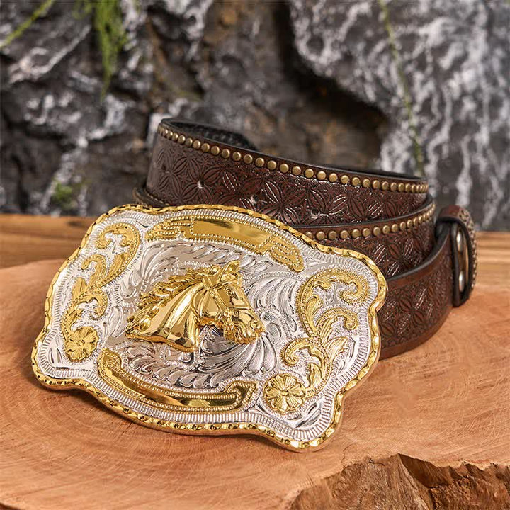 Goldfarbener Pferdekopf DIY Western Cowboy Schnalle Ledergürtel - Pferdekopf - Brauner Nietengürtel - 42 - image 5