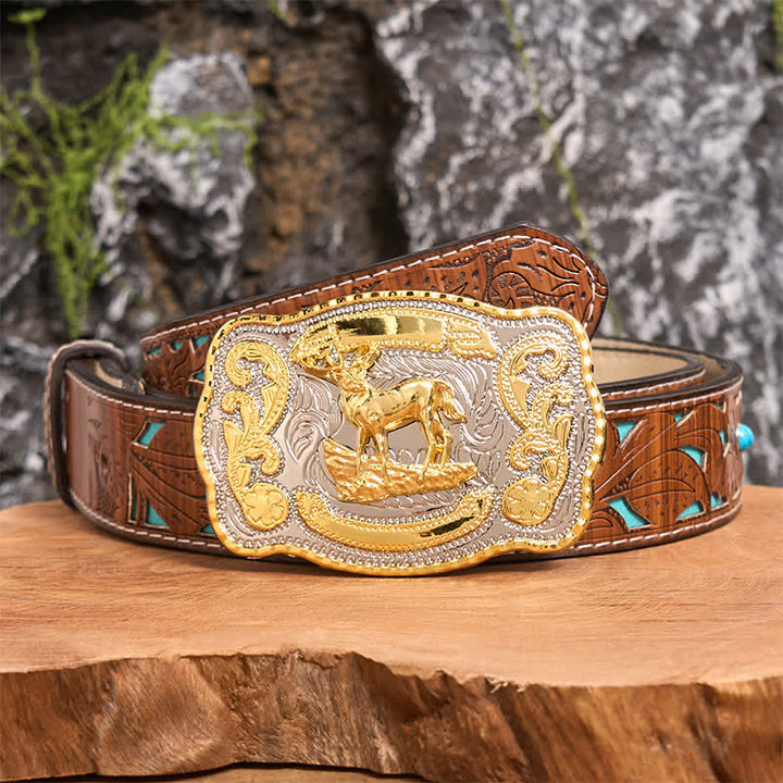 Gold Hirsch DIY Western Cowboy Schnalle Ledergürtel - Reh - Türkisfarbener geschnitzter Gürtel - 42 - image 5