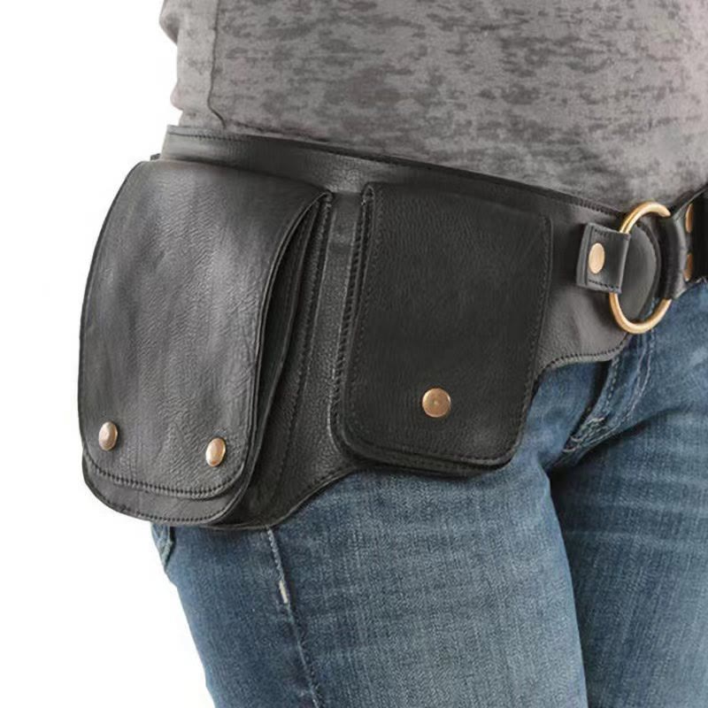 Unisex Retro-Gürteltasche aus Leder mit Knopf zum Aufbewahren von Telefonen - Schwarz - image 1
