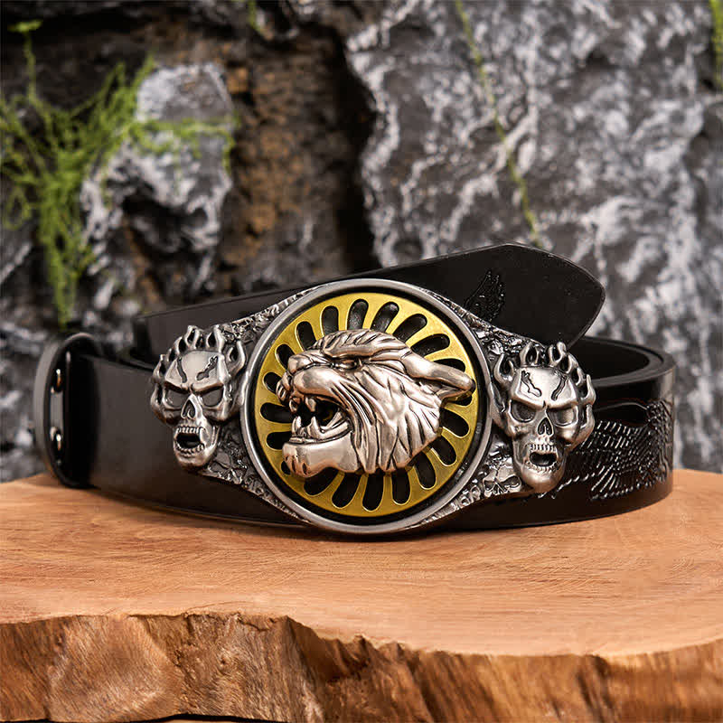 Silberner Totenkopf, brüllender Tigerkopf, DIY-Ledergürtel mit drehbarer Schnalle - Tigerkopf - Schwarzer Gürtel mit geprägtem Adler - 42 - image 3